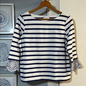Charter Club Navy White Striped 3/4 Length Sleeve Top with Lace Cuffs Size PL